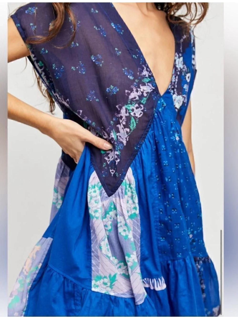 FREE PEOPLE Mended Scarves Patchwork Mini Dress Blue Dark Combo Large MSRP$148